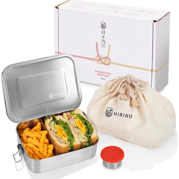 HIBINO 1200ml Stainless Steel Bento Box Leakproof Lunch Box, Divider & Sauce Cup - Picture 1 of 8